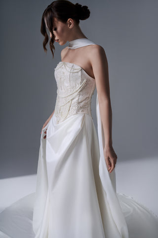 Ivory Corset Bridal Gown: Hand Embroidered Satin Skirt - Custom Sizes