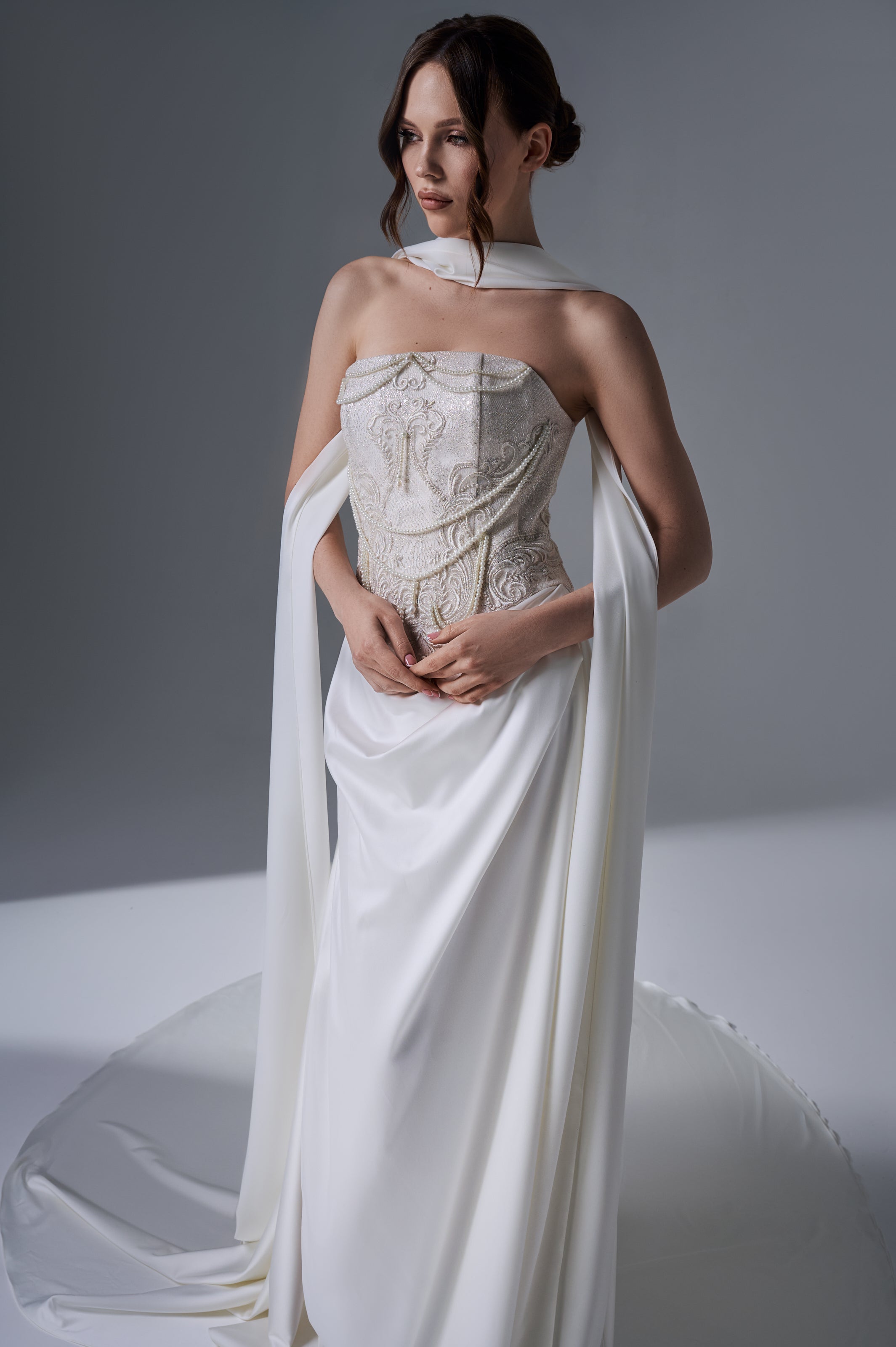 Ivory Corset Bridal Gown: Hand Embroidered Satin Skirt