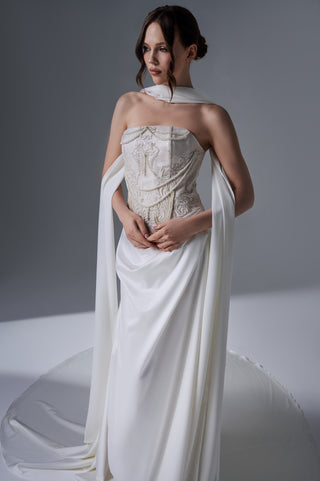 Ivory Corset Bridal Gown: Hand Embroidered Satin Skirt - Custom Sizes