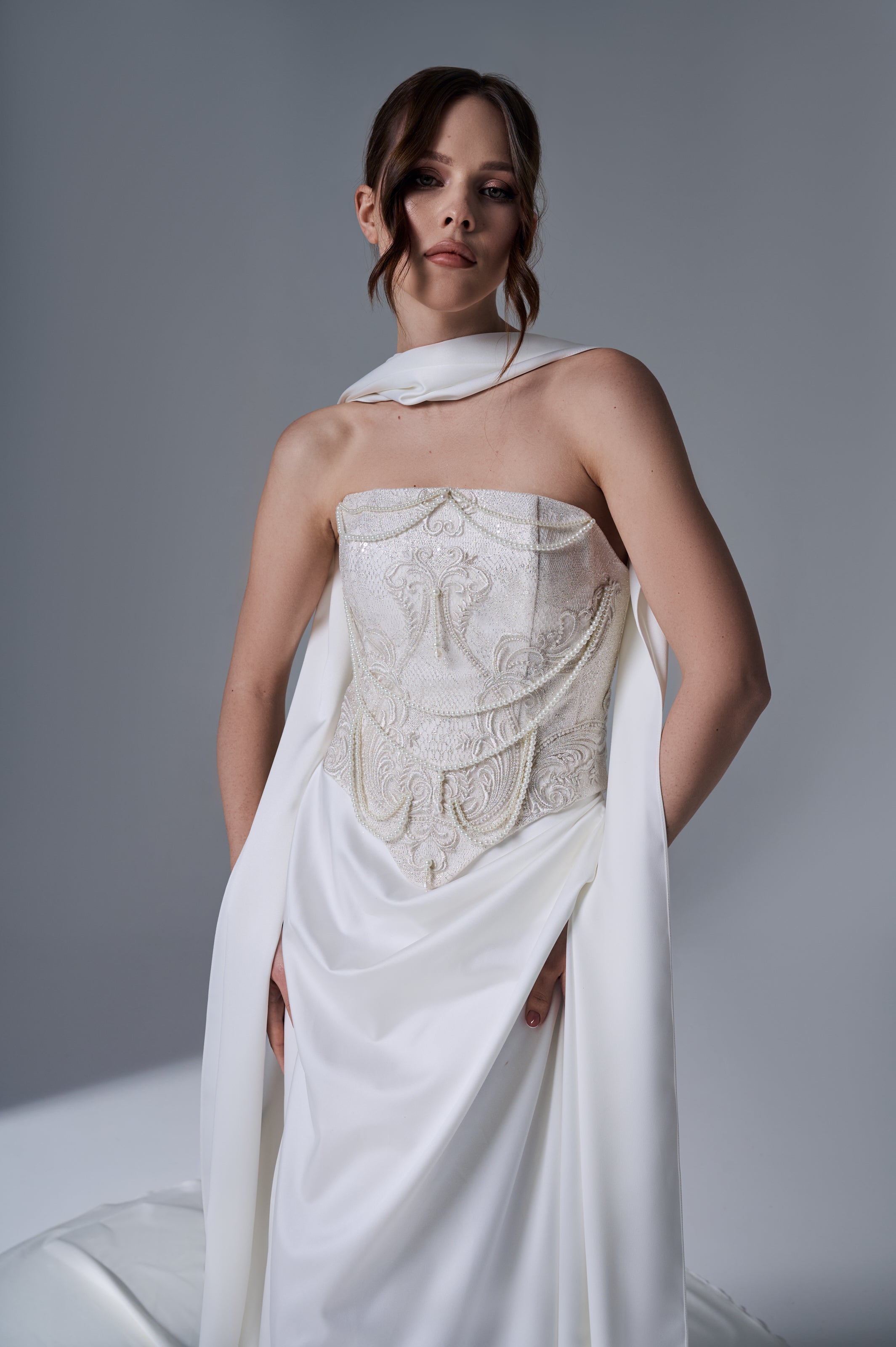Ivory Corset Bridal Gown: Hand Embroidered Satin Skirt