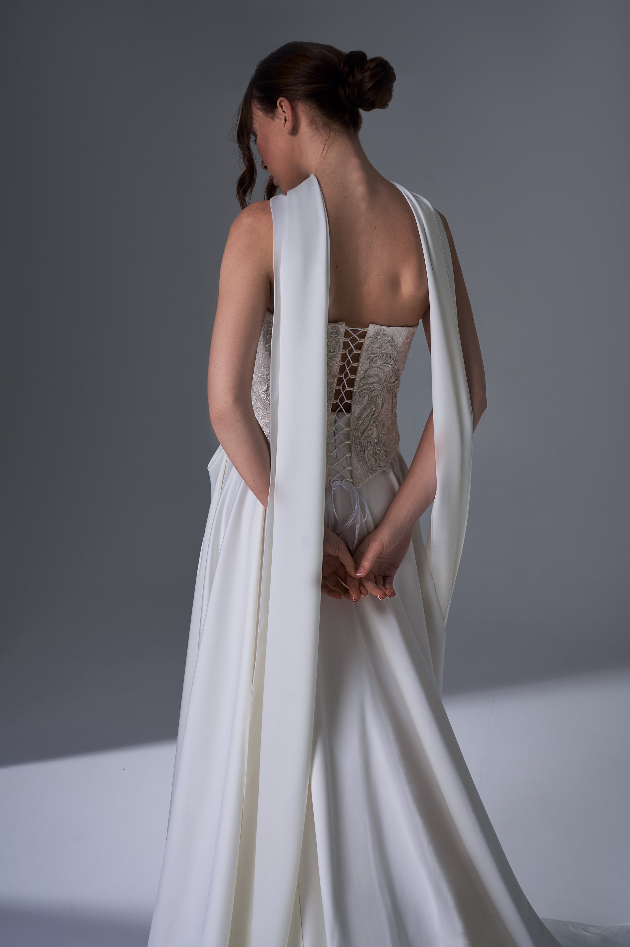 Ivory Corset Bridal Gown: Hand Embroidered Satin Skirt