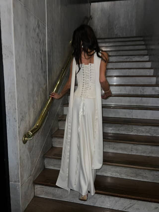 Satin corset with a straight long skirt — a classic wedding set made of thick satin, lace-up corset with internal boning - designer piece by Caribis