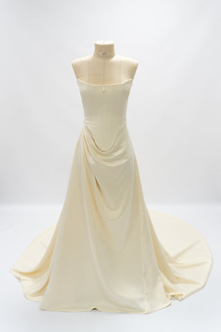 Satin corset with rounded bottom and A-line skirt — open corset without straps with draped skirt with train