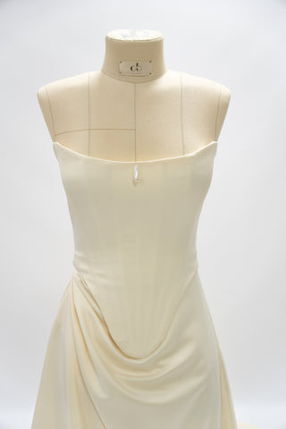 Satin corset with rounded bottom and A-line skirt — open corset without straps with draped skirt with train - designer piece by Caribis