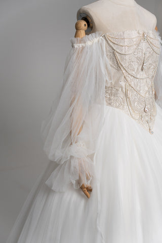 Set with embroidered corset and fluffy mesh skirt — corset with V-neck and removable sleeves - designer piece by Caribis