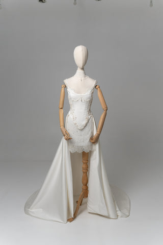 Lace and satin set with detachable train — satin corset with embroidery on lacing with metal bones