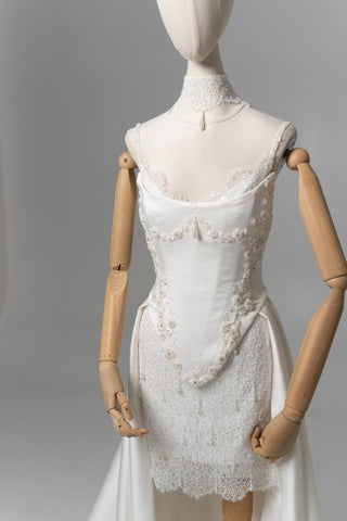 Lace and satin set with detachable train — satin corset with embroidery on lacing with metal bones - designer piece by Caribis