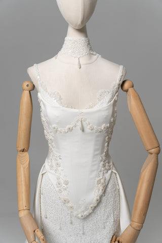 Lace and satin set with detachable train — satin corset with embroidery on lacing with metal bones