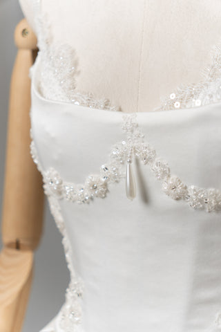 Lace and satin set with detachable train — satin corset with embroidery on lacing with metal bones