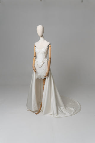 Lace and satin set with detachable train — satin corset with embroidery on lacing with metal bones