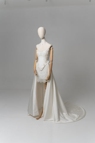 Lace and satin set with detachable train — satin corset with embroidery on lacing with metal bones