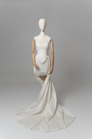 Lace and satin set with detachable train — satin corset with embroidery on lacing with metal bones