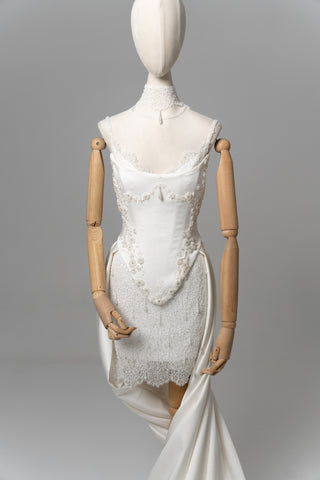 Lace and satin set with detachable train — satin corset with embroidery on lacing with metal bones