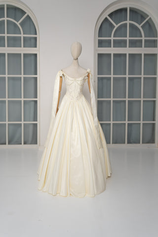 Taffeta set with embroidered corset and adjustable skirt — corset with ribbon straps and skirt with removable petticoat