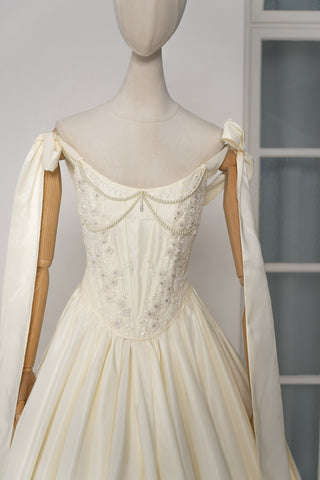 Taffeta set with embroidered corset and adjustable skirt — corset with ribbon straps and skirt with removable petticoat