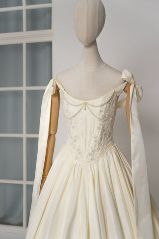 Taffeta set with embroidered corset and adjustable skirt — corset with ribbon straps and skirt with removable petticoat