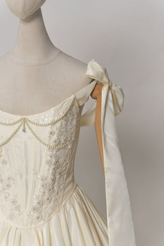 Taffeta set with embroidered corset and adjustable skirt — corset with ribbon straps and skirt with removable petticoat