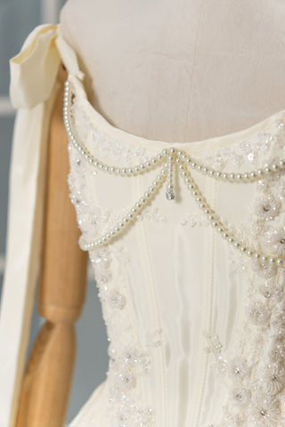 Taffeta set with embroidered corset and adjustable skirt — corset with ribbon straps and skirt with removable petticoat - designer piece by Caribis