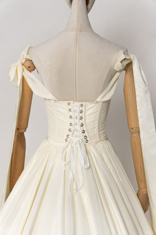 Taffeta set with embroidered corset and adjustable skirt — corset with ribbon straps and skirt with removable petticoat