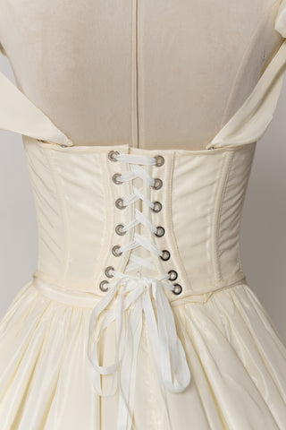 Taffeta set with embroidered corset and adjustable skirt — corset with ribbon straps and skirt with removable petticoat