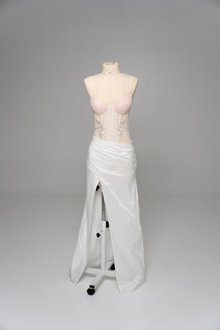 Delicate transparent corset with bird embroidery and textured skirt with train