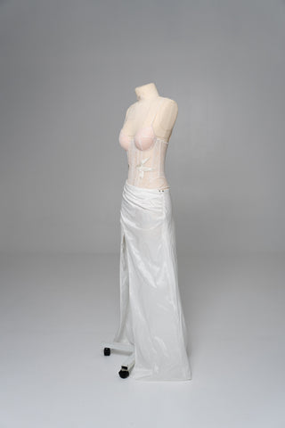 Delicate transparent corset with bird embroidery and textured skirt with train