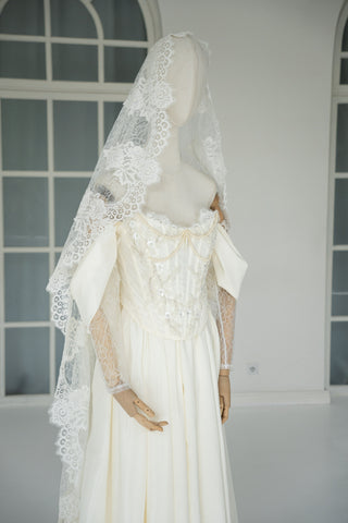 Wedding dress-transformer with separate corset — fluffy skirt with pleats, lace sleeves, and pearl embroidery