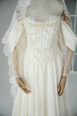 Wedding dress-transformer with separate corset — fluffy skirt with pleats, lace sleeves, and pearl embroidery - designer piece by Caribis