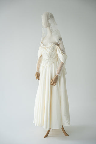 Wedding dress-transformer with separate corset — fluffy skirt with pleats, lace sleeves, and pearl embroidery