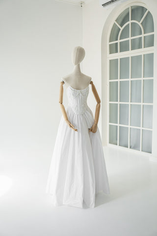 Wedding set made of taffeta — beaded corset and skirt with slit