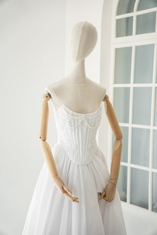 Wedding set made of taffeta — beaded corset and skirt with slit