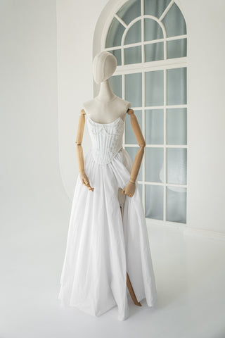 Wedding set made of taffeta — beaded corset and skirt with slit