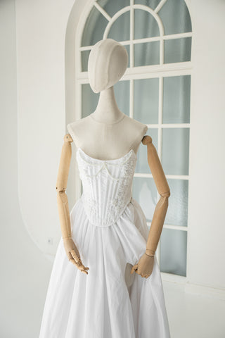 Wedding set made of taffeta — beaded corset and skirt with slit