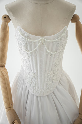 Wedding set made of taffeta — beaded corset and skirt with slit