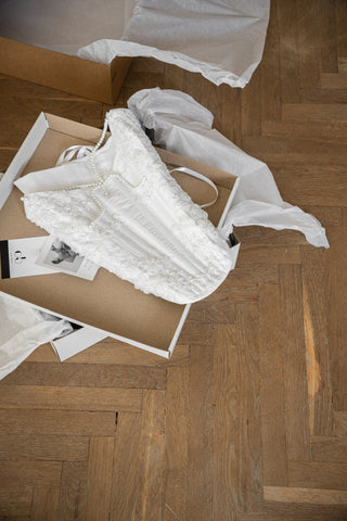 Wedding set made of taffeta — beaded corset and skirt with slit