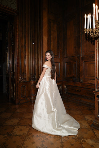Tanya Bohdan x Caribis off-the-shoulder wedding dress - silky material, lacing on the back, and a long train