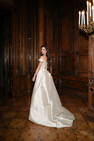 Tanya Bohdan x Caribis off-the-shoulder wedding dress - silky material, lacing on the back, and a long train