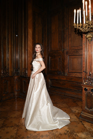 Tanya Bohdan x Caribis off-the-shoulder wedding dress - silky material, lacing on the back, and a long train