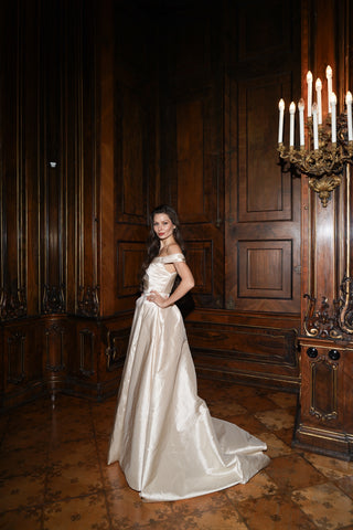Tanya Bohdan x Caribis off-the-shoulder wedding dress - silky material, lacing on the back, and a long train