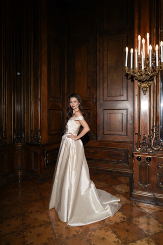 Tanya Bohdan x Caribis off-the-shoulder wedding dress - silky material, lacing on the back, and a long train