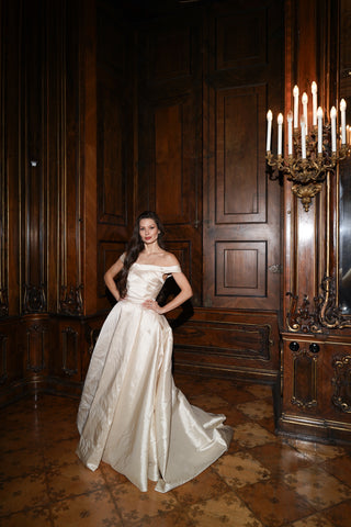 Tanya Bohdan x Caribis off-the-shoulder wedding dress - silky material, lacing on the back, and a long train