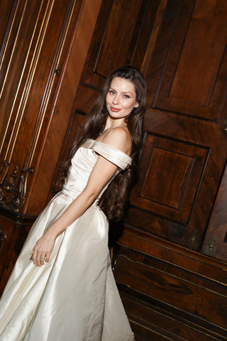 Tanya Bohdan x Caribis off-the-shoulder wedding dress - silky material, lacing on the back, and a long train