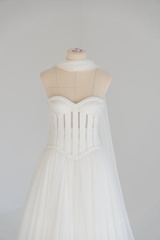 Natural silk set with adjustable skirt volume — corset with cups and lacing, complete with scarf - designer piece by Caribis