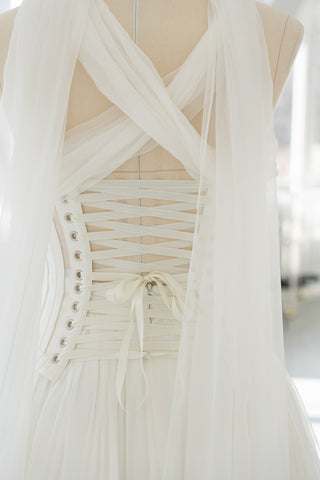 Natural silk set with adjustable skirt volume — corset with cups and lacing, complete with scarf