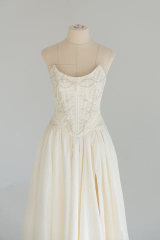 Wedding set with embroidered bead and pearl corset and slit skirt