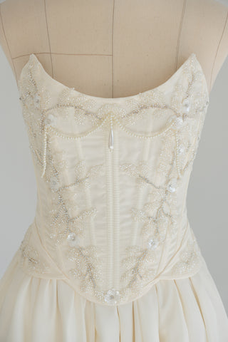 Wedding set with embroidered bead and pearl corset and slit skirt - designer piece by Caribis