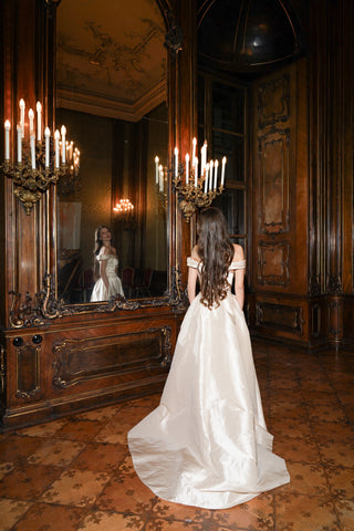 Tanya Bohdan x Caribis off-the-shoulder wedding dress - silky material, lacing on the back, and a long train