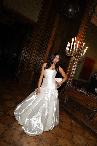 Taffeta Corsets & Sets — textured taffeta, mermaid silhouette with a full hem and open shoulders