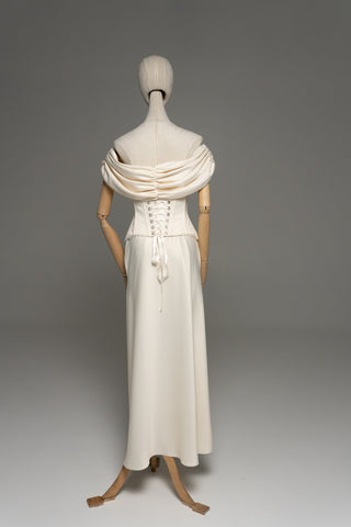 Wedding dress with draped silk corset top and straight skirt