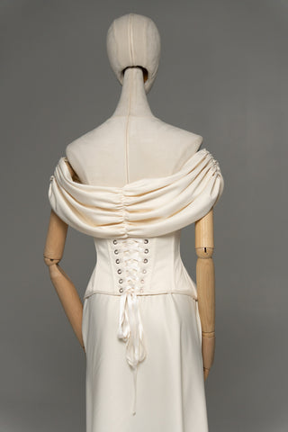 Wedding dress with draped silk corset top and straight skirt - designer piece by Caribis